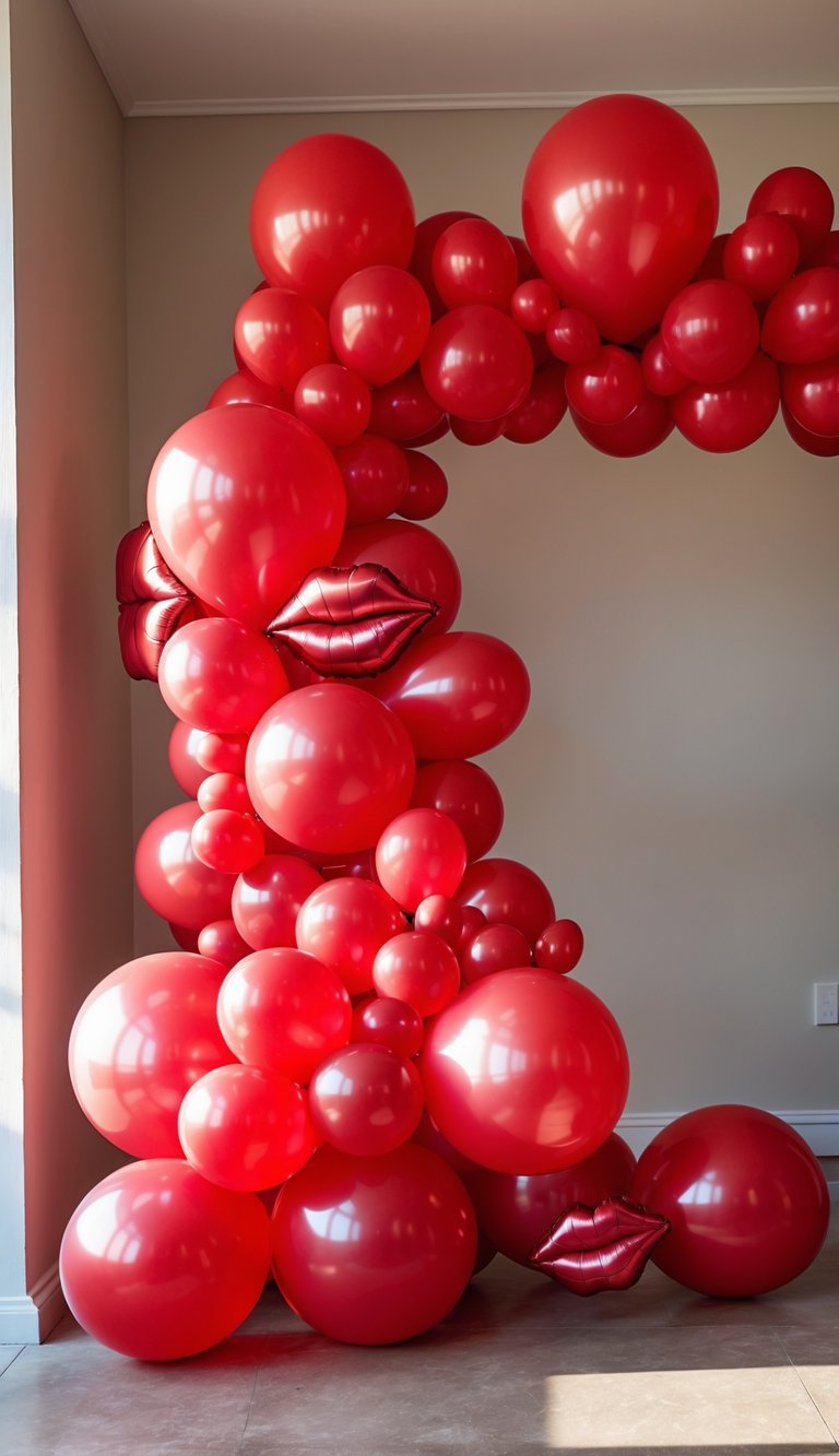 A decorative arch made of various sizes of red balloons, including two red foil balloons shaped like lips, set against a light-colored wall.