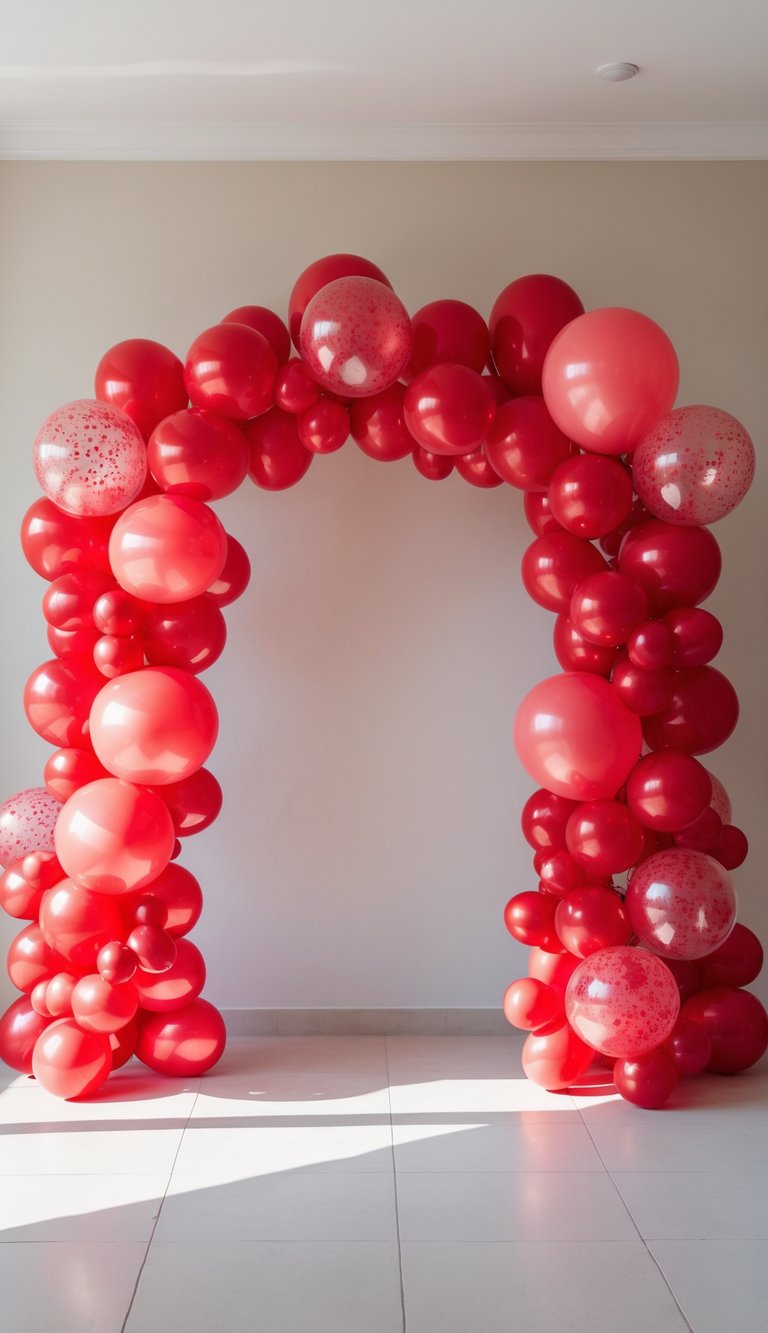 A decorative arch made of red balloons in varying sizes, including some with red speckles, placed on a tiled floor against a light-colored wall.