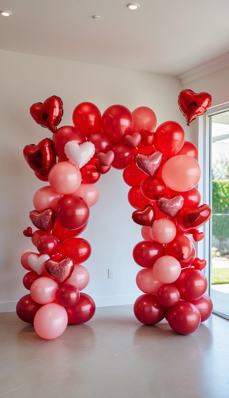 An arch made of red, pink, and white balloons, including heart-shaped balloons, set up indoors near a window.