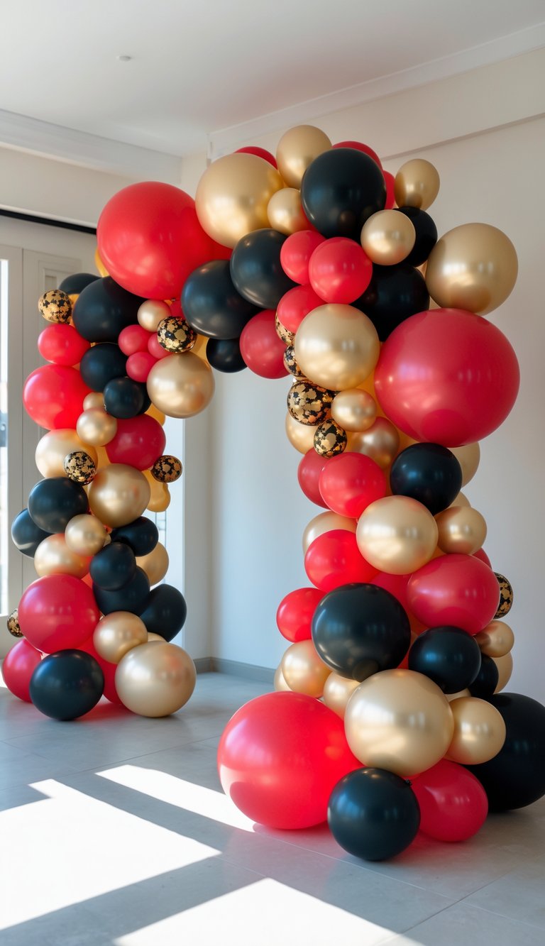 Balloon arch with red, black, and gold balloons in various sizes, including some with gold confetti patterns, set up indoors near large windows.