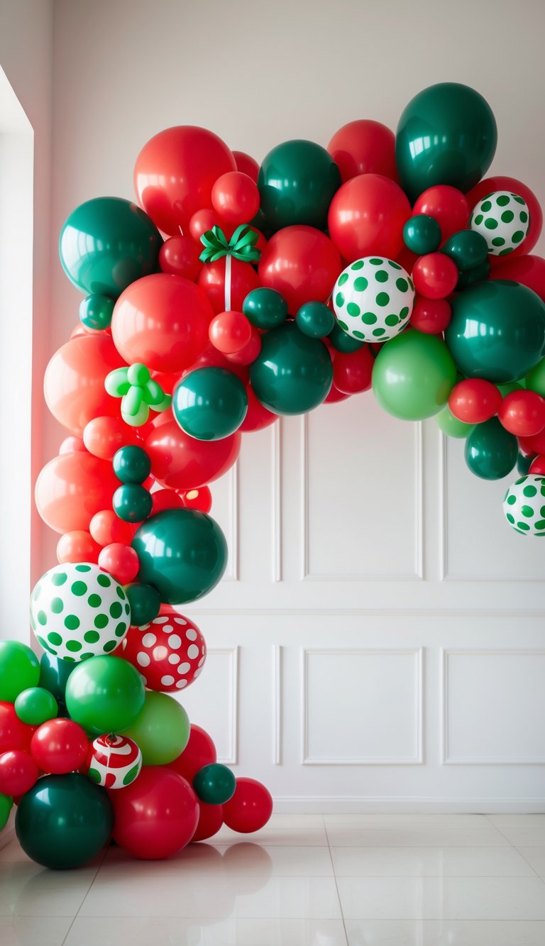 A colorful balloon arch featuring red and green balloons, with some decorated with white polka dots, against a white wall with paneling.