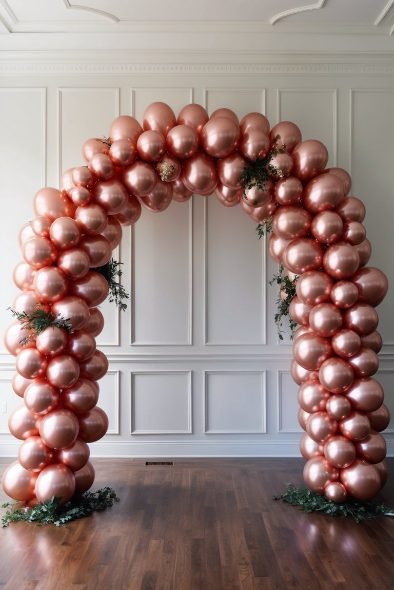 Archway made of clustered rose gold balloons with greenery accents, set against a white panelled wall and wooden floor.