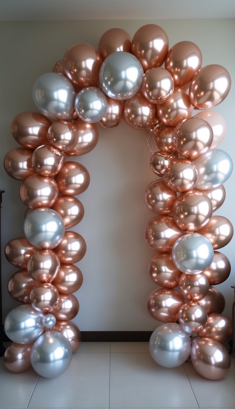 A balloon arch made of metallic rose gold and silver balloons arranged against a beige wall, forming a decorative archway.