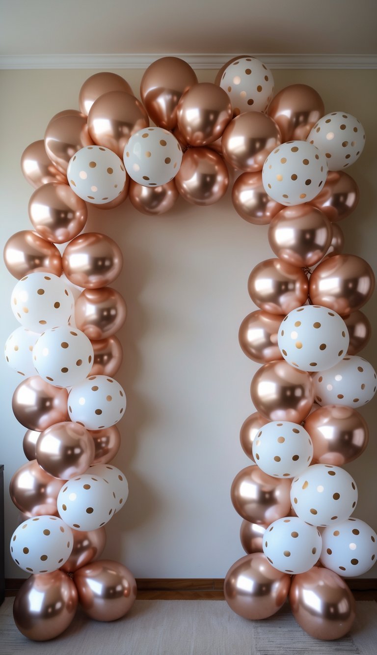 An arch made of rose gold metallic balloons and white balloons with gold polka dots, set against a light-colored wall.