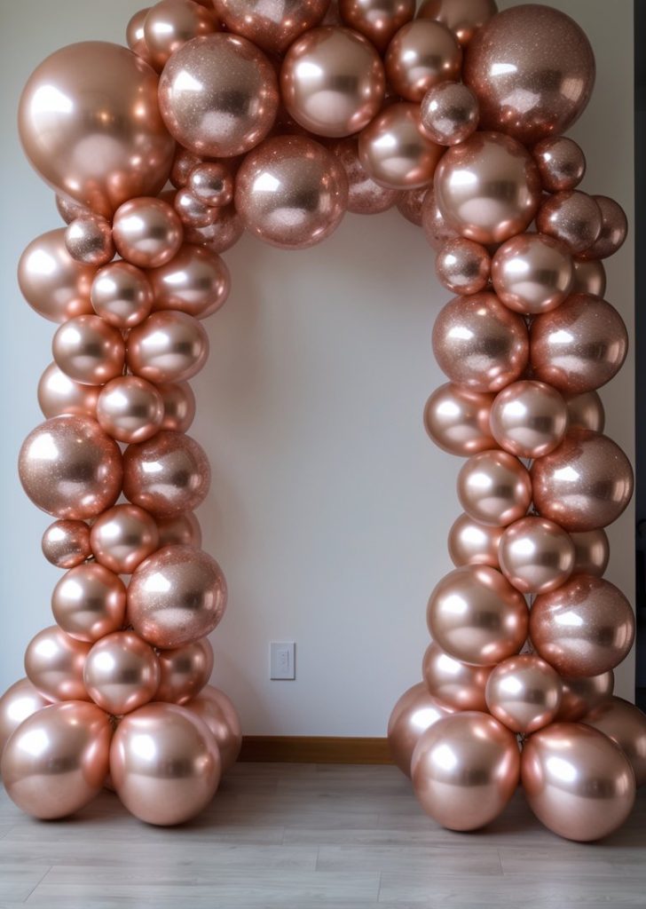 A decorative balloon arch made of metallic copper-colored balloons arranged in varying sizes, set against a white wall.