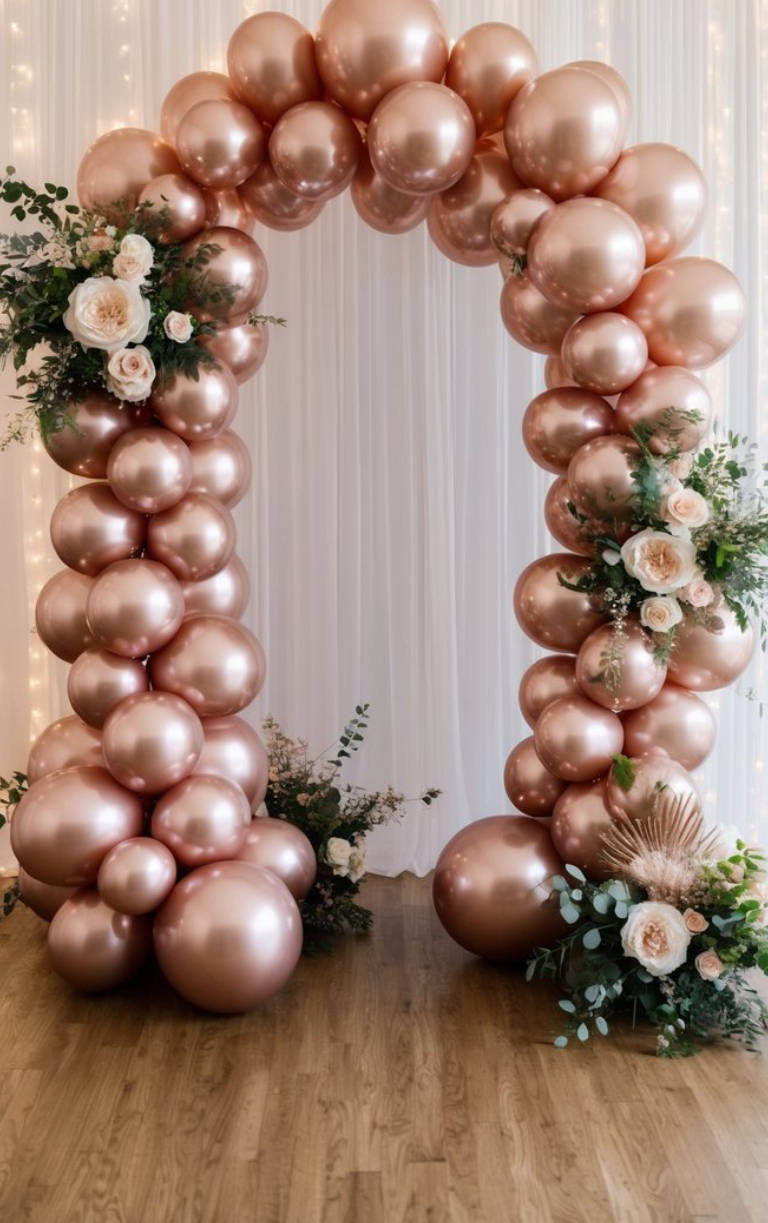 An arch made of metallic rose gold balloons, decorated with white roses and greenery, set against a draped backdrop with soft lighting, on a wooden floor.