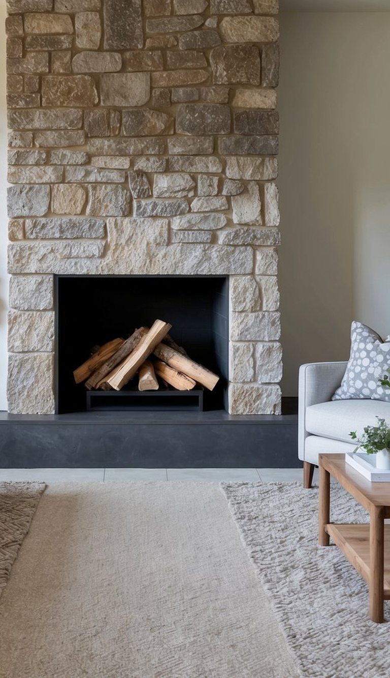 A stone fireplace with a stack of firewood inside, surrounded by a modern living room setting with a light-colored sofa and a wooden table.
