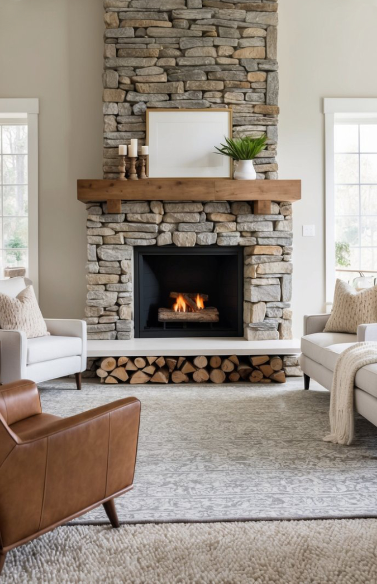 A cozy living room with a stone fireplace, featuring a wooden mantel adorned with candles and a plant. The fire is lit, and logs are neatly stacked beneath the hearth. The room includes a leather armchair and two fabric upholstered sofas, all set on a textured area rug.