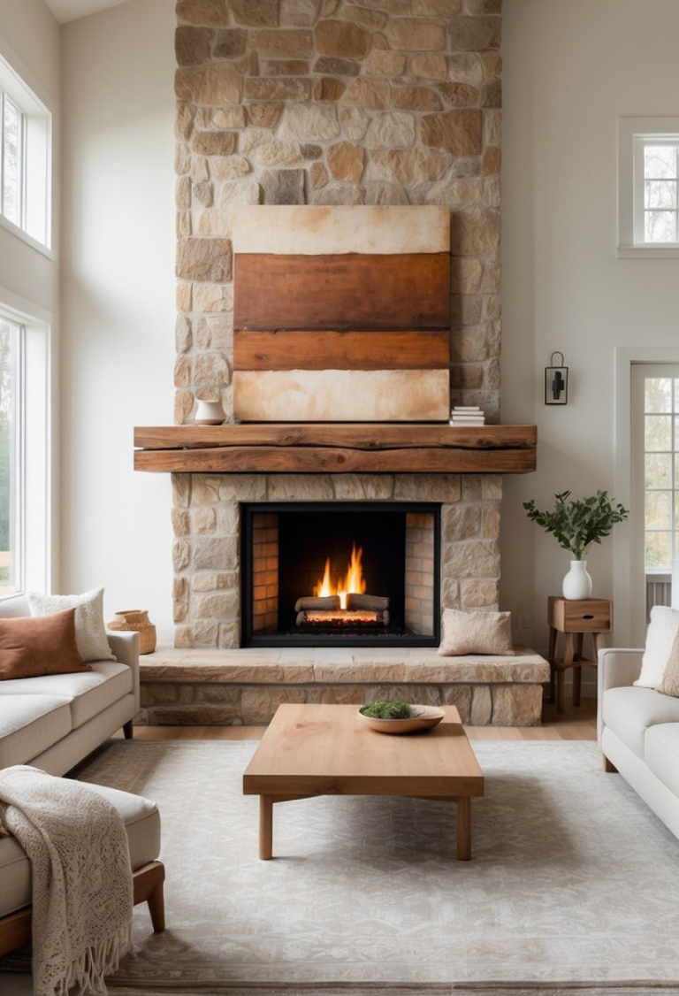 A cozy living room with a large stone fireplace as the focal point, featuring a wooden mantel and an abstract painting above. The room has a light color palette with beige sofas, a wooden coffee table, and decorative elements like a vase with green foliage and a bowl on the table. Large windows allow natural light to illuminate the space.