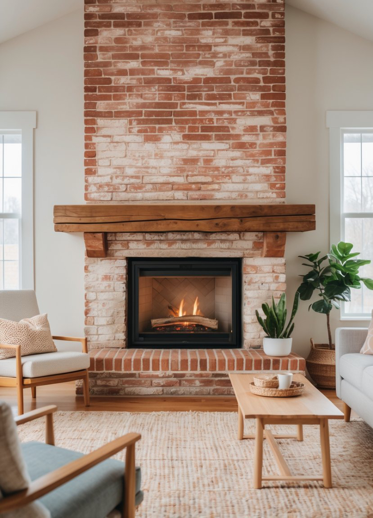 A cozy living room features a red brick fireplace with a wooden mantel. A fire is burning inside the fireplace, and the space is decorated with a light-colored armchair and a wooden coffee table. A potted plant is seen beside the fireplace, adding a touch of greenery to the room.