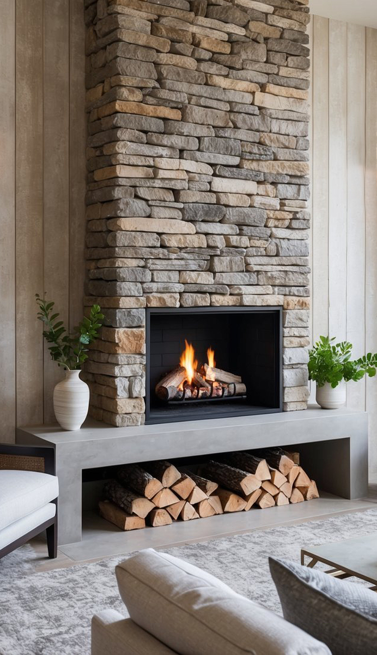 A modern living room with a stone fireplace featuring a lit fire, surrounded by decorative stonework. Firewood is stored beneath the fireplace on a concrete hearth, with potted plants on either side.