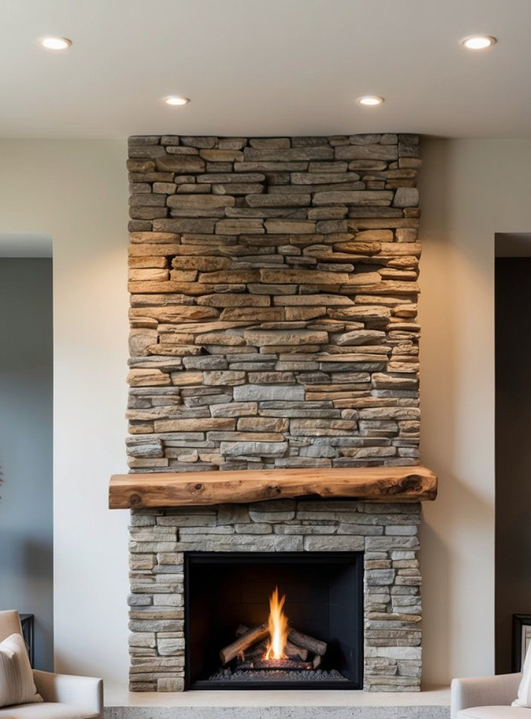 A modern fireplace with a stacked stone chimney and a wooden mantel. The fire is lit, creating a warm and inviting atmosphere in a contemporary living room setting.