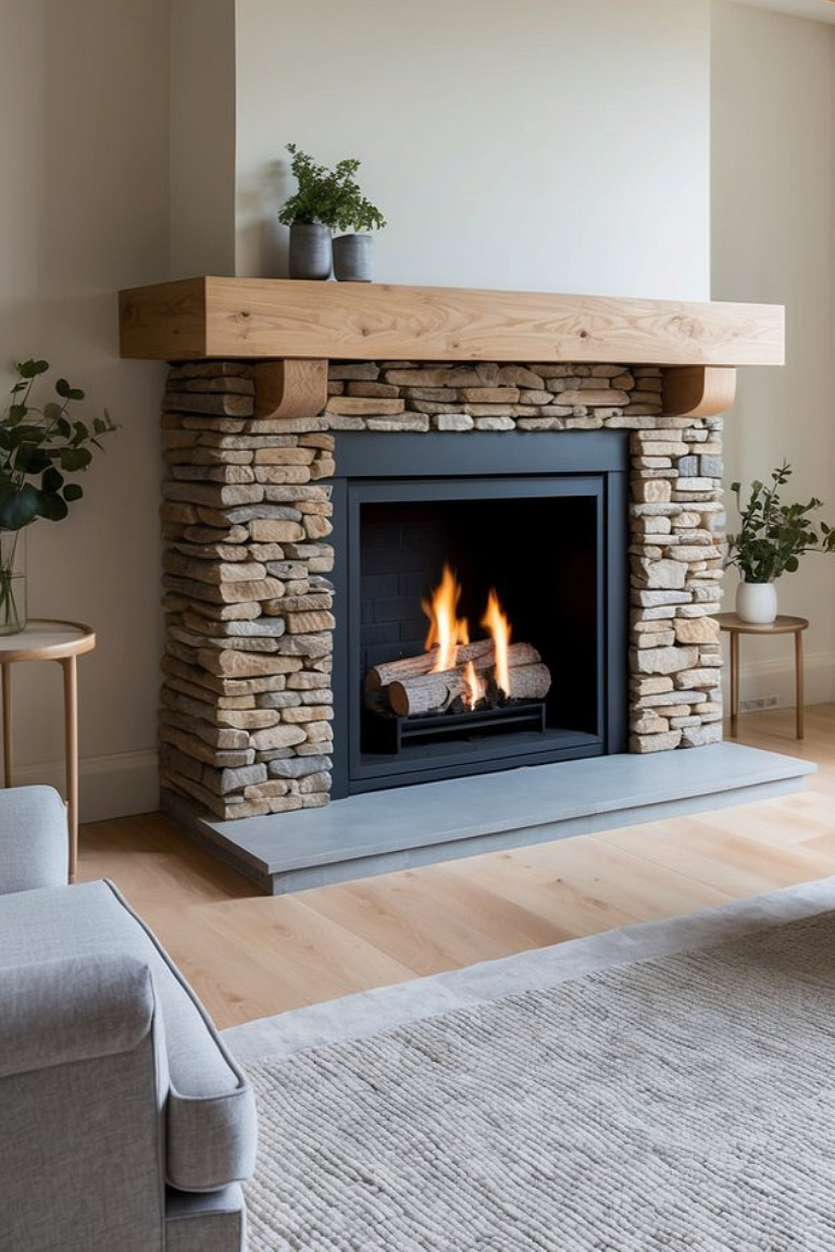 A contemporary fireplace with a stone facade and a wooden mantel, adorned with potted plants on either side, displaying a lit fire in the living room with a neutral color scheme.