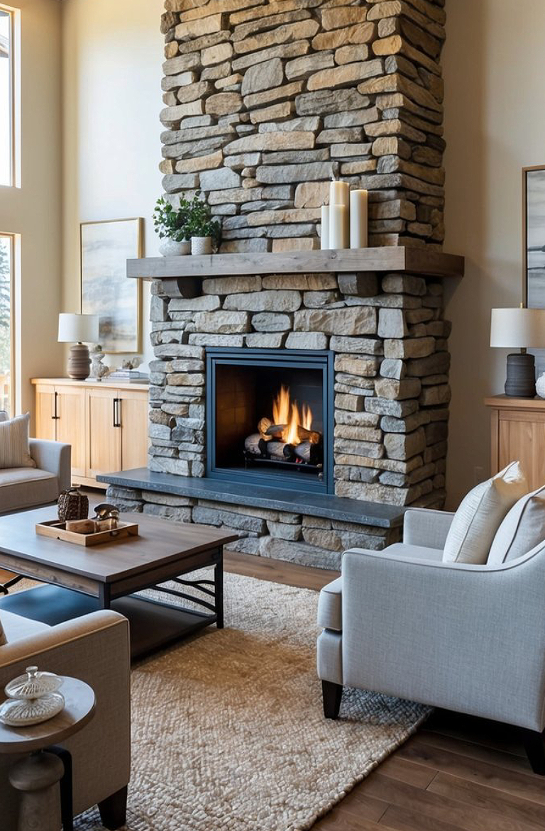 Living room with a tall stone fireplace, burning fire, and a wooden mantel adorned with candles and plants. A cozy seating area with white armchairs and a wooden coffee table on a beige rug. Large windows and wooden furniture add a warm touch.