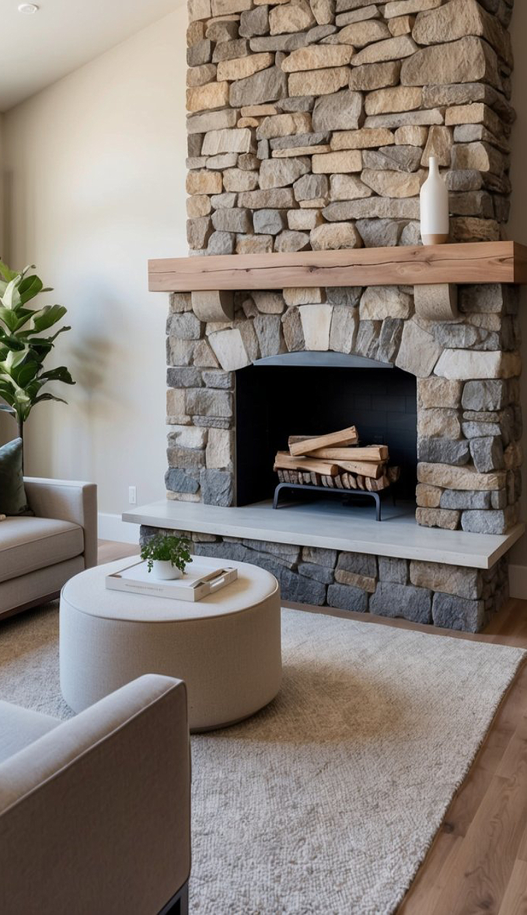 A cozy living room featuring a large stone fireplace with a wooden mantle, surrounded by a beige sofa and a round ottoman placed on a textured rug. A plant is situated in the corner, and the hearth holds stacked firewood.
