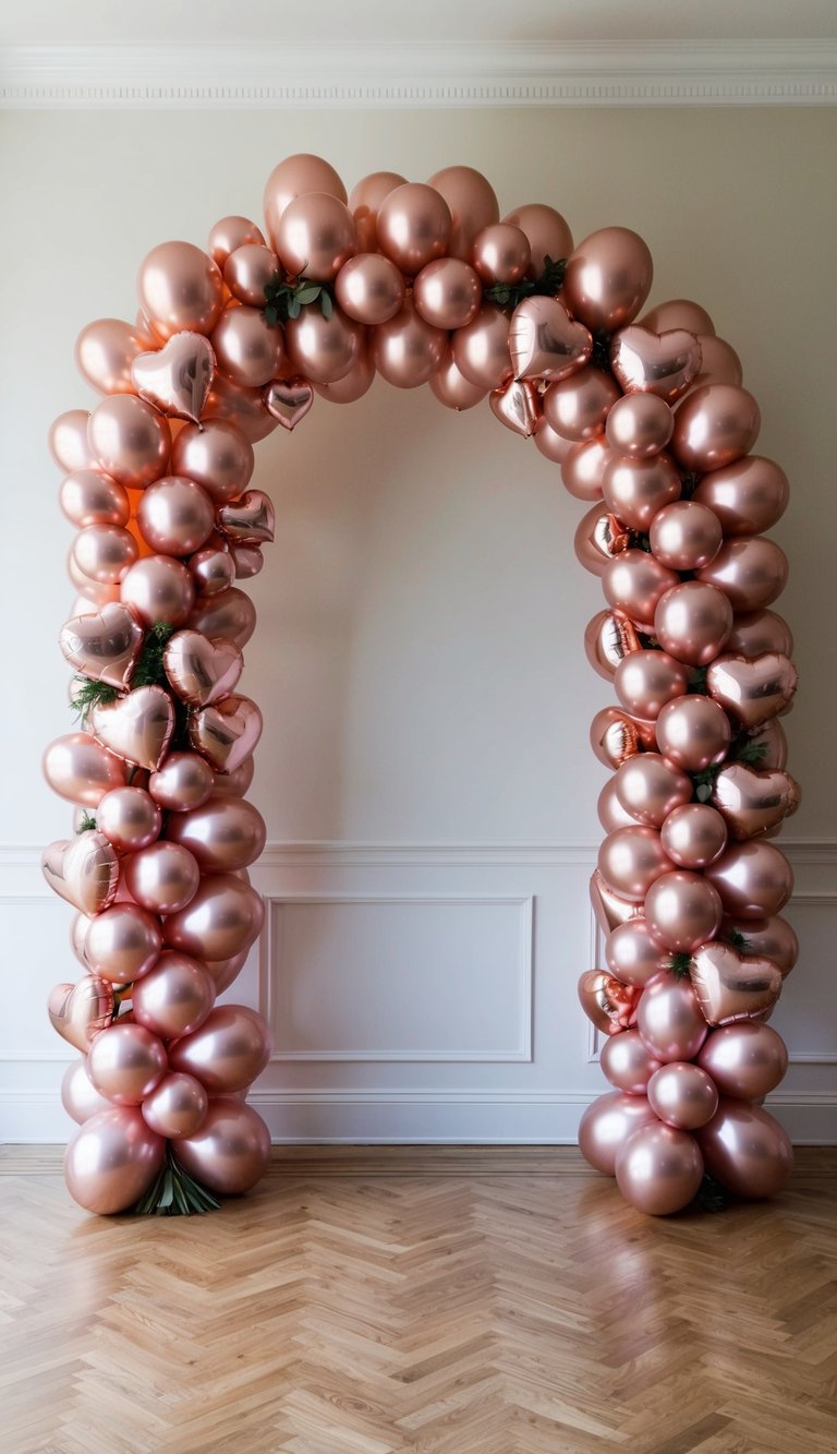 A grand rose gold balloon arch, adorned with heart-shaped balloons, creates a stunning and elegant display