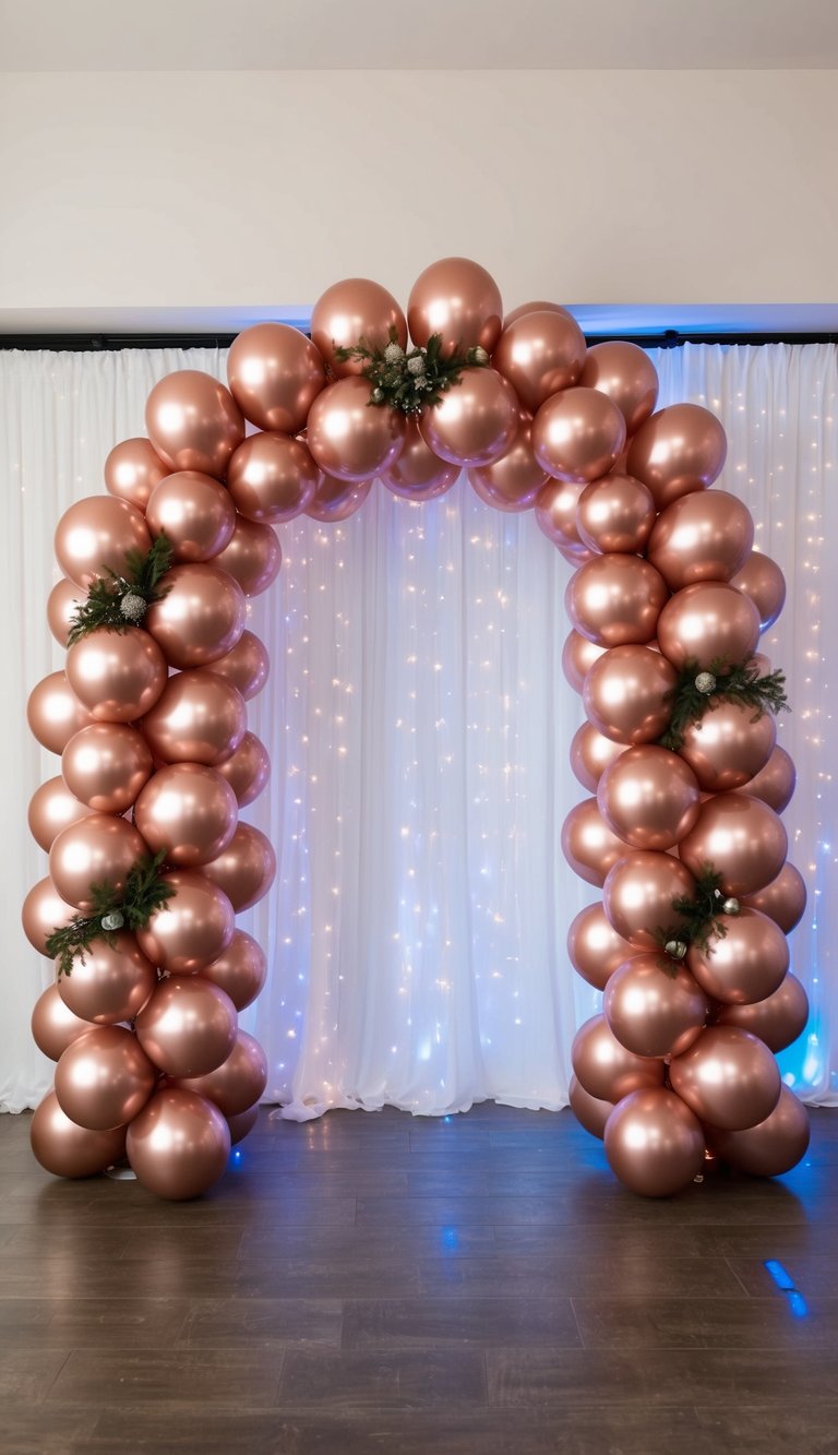 A grand rose gold balloon arch stands against a sparkling starry backdrop