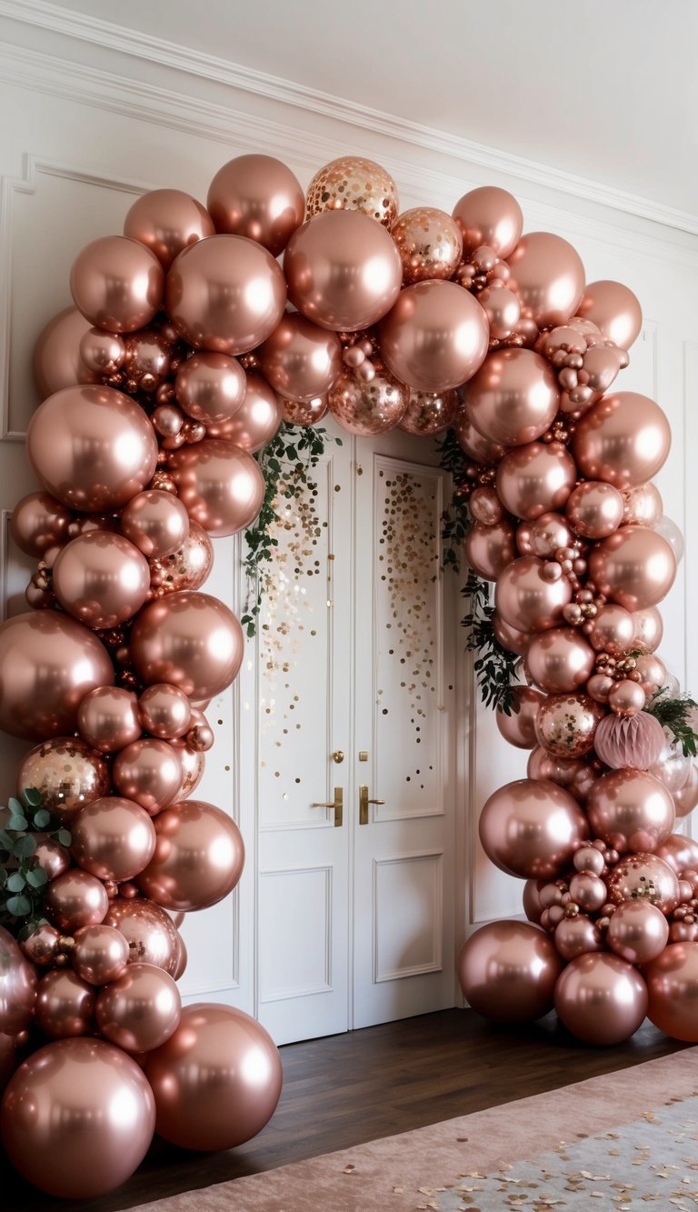 A grand display of rose gold balloons in various sizes, forming an elegant and elaborate archway filled with confetti