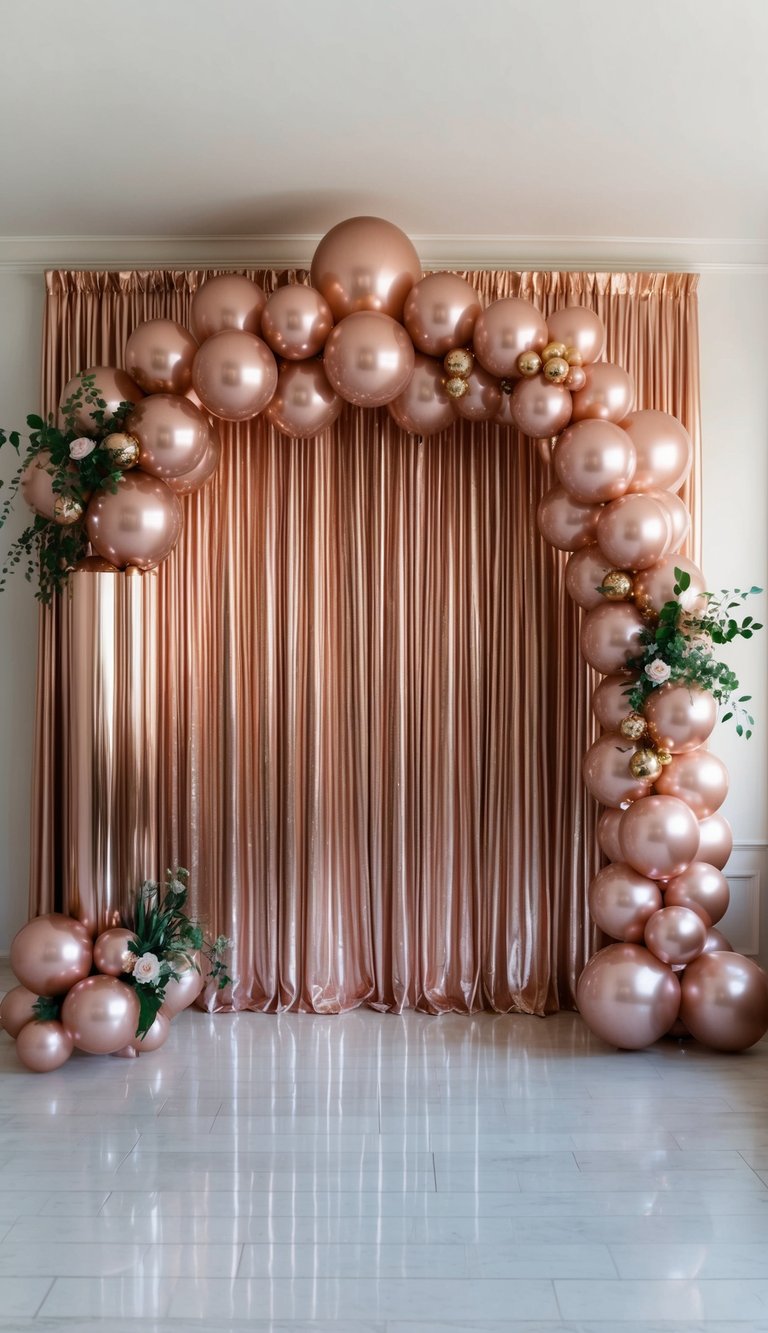 A shimmering rose gold curtain backdrop with a stunning balloon arch in the same color, creating an elegant and luxurious atmosphere