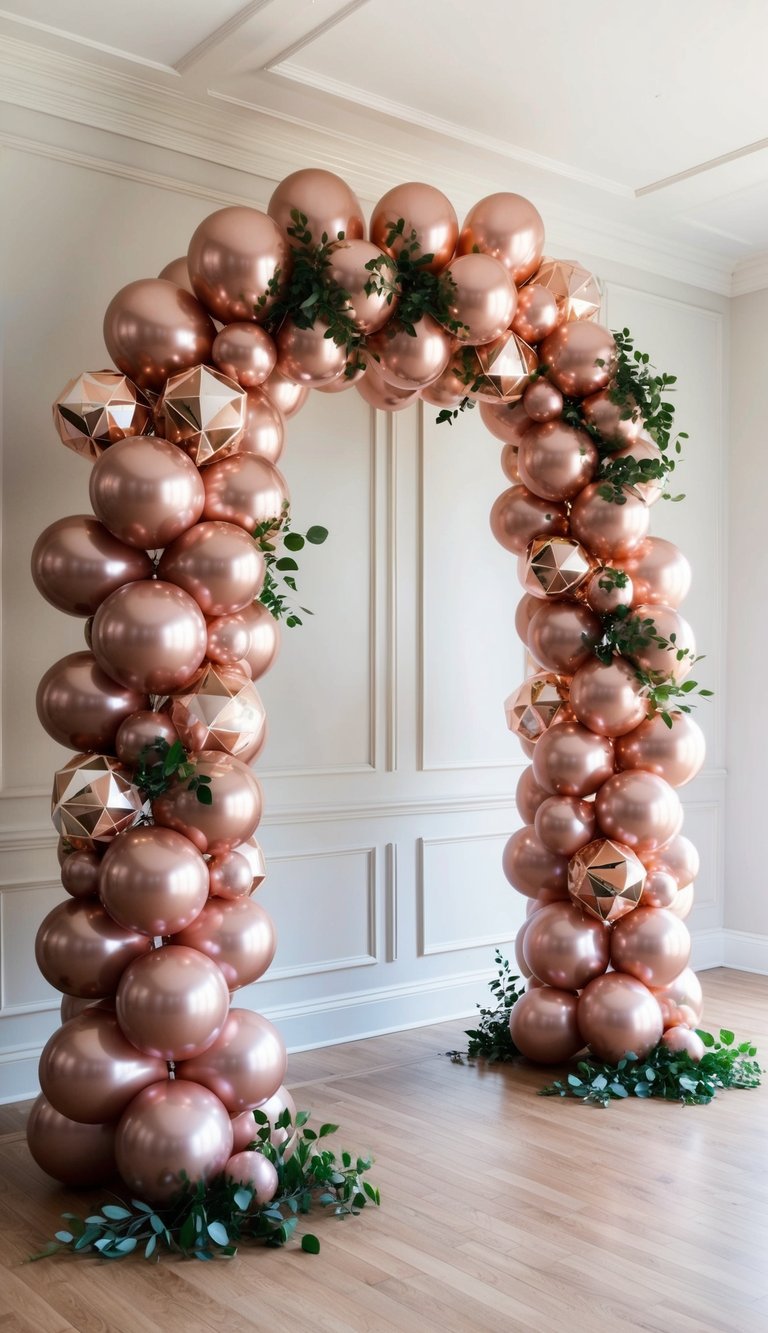A grand rose gold balloon arch stands tall and elegant, adorned with geometric designs and shimmering in the light