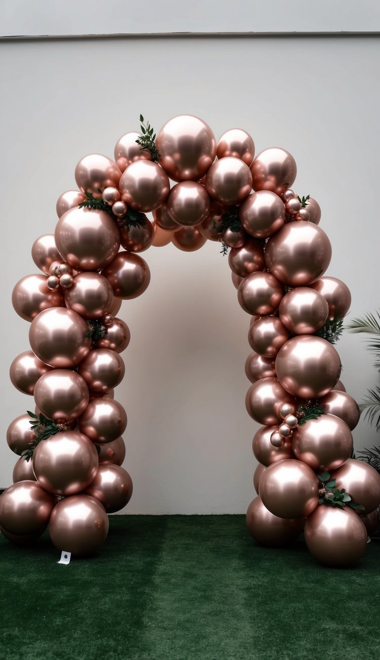 A stunning display of rose gold Orbz spherical balloons creating an elegant archway