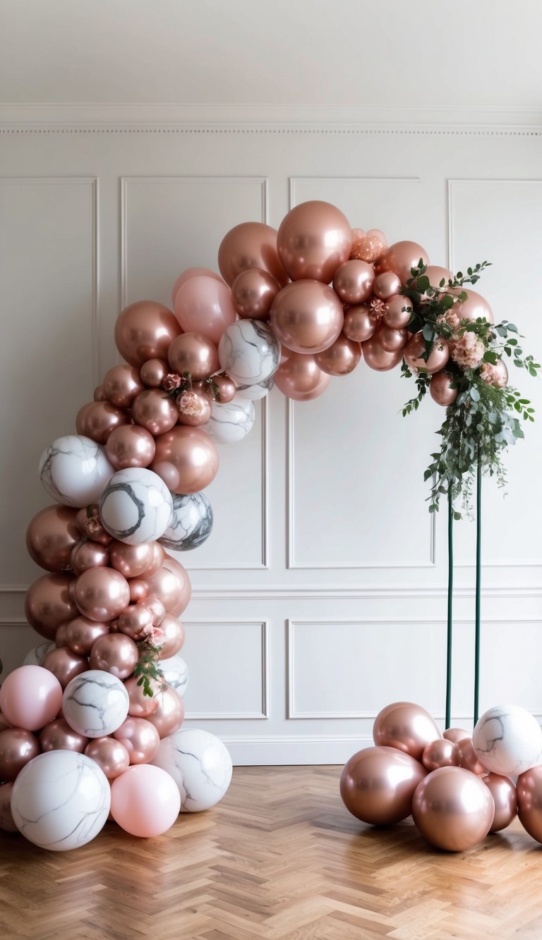 A stunning rose gold balloon arch cascading with marble effect balloons