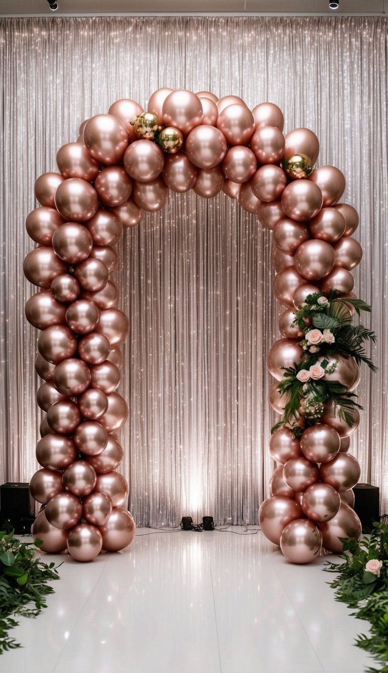 A grand rose gold balloon arch stands against a backdrop of shimmering lights, creating a luxurious and elegant atmosphere