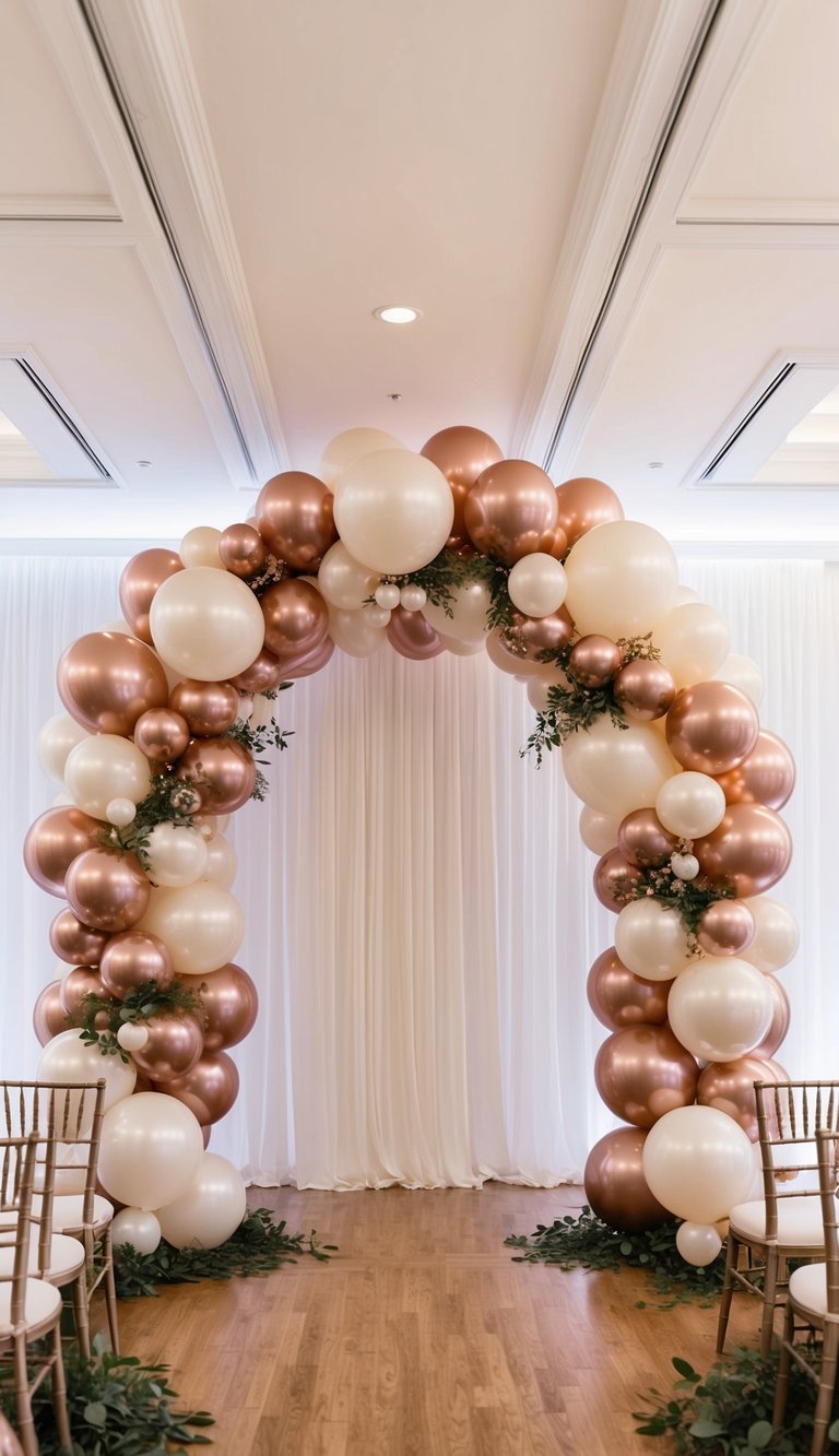 A grand display of rose gold and white pearl balloons creating a stunning archway, adding a touch of elegance to the event