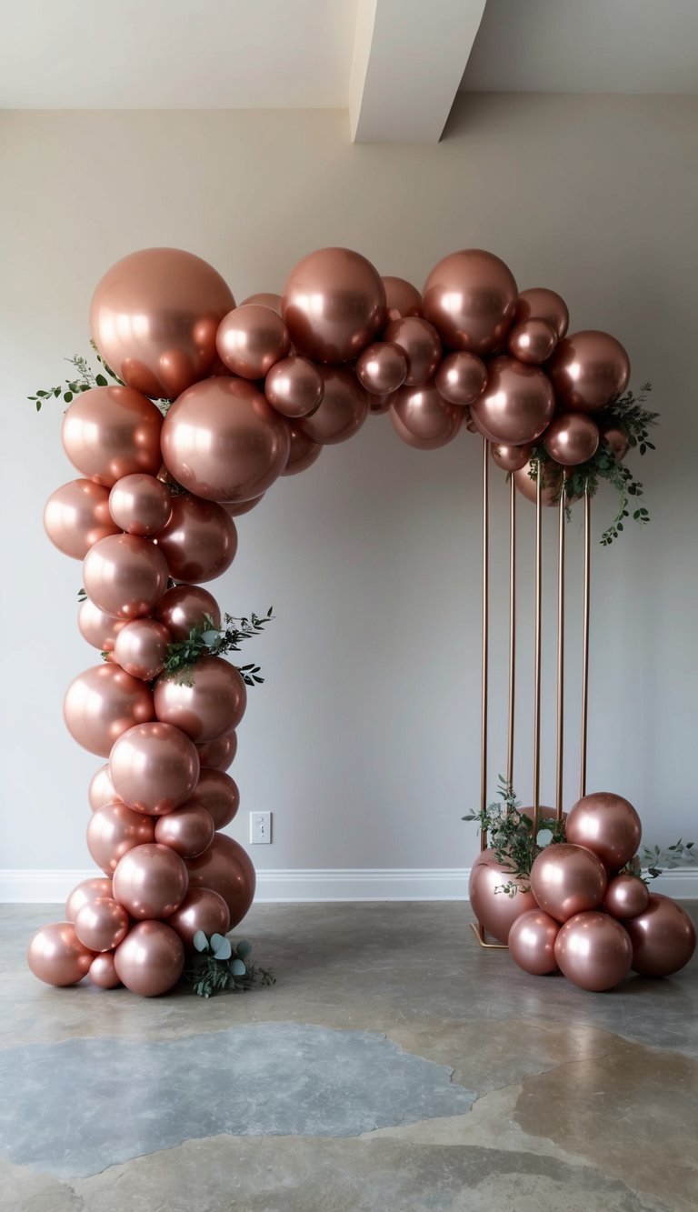 A grand display of rose gold balloons forming an elegant arch