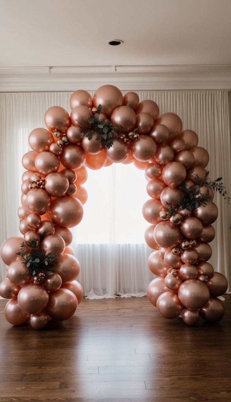 A grand rose gold balloon arch frames a romantic scene