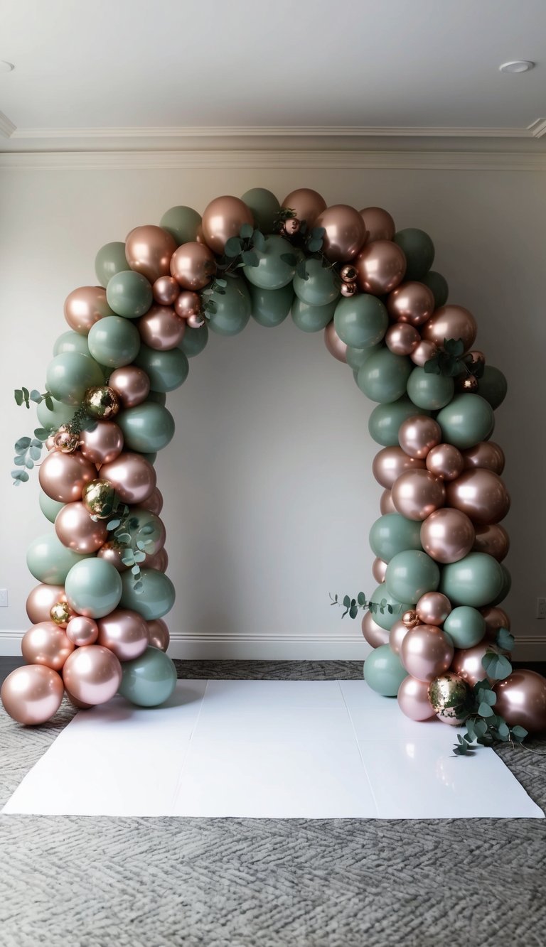 A grand display of eucalyptus and rose gold balloons forming an elegant archway