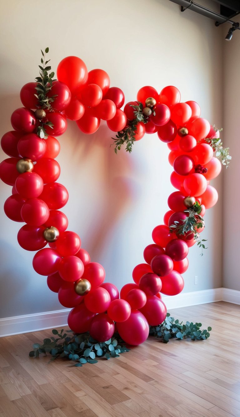 A grand heart-shaped arch made of vibrant red balloons, with a mix of glossy and matte finishes