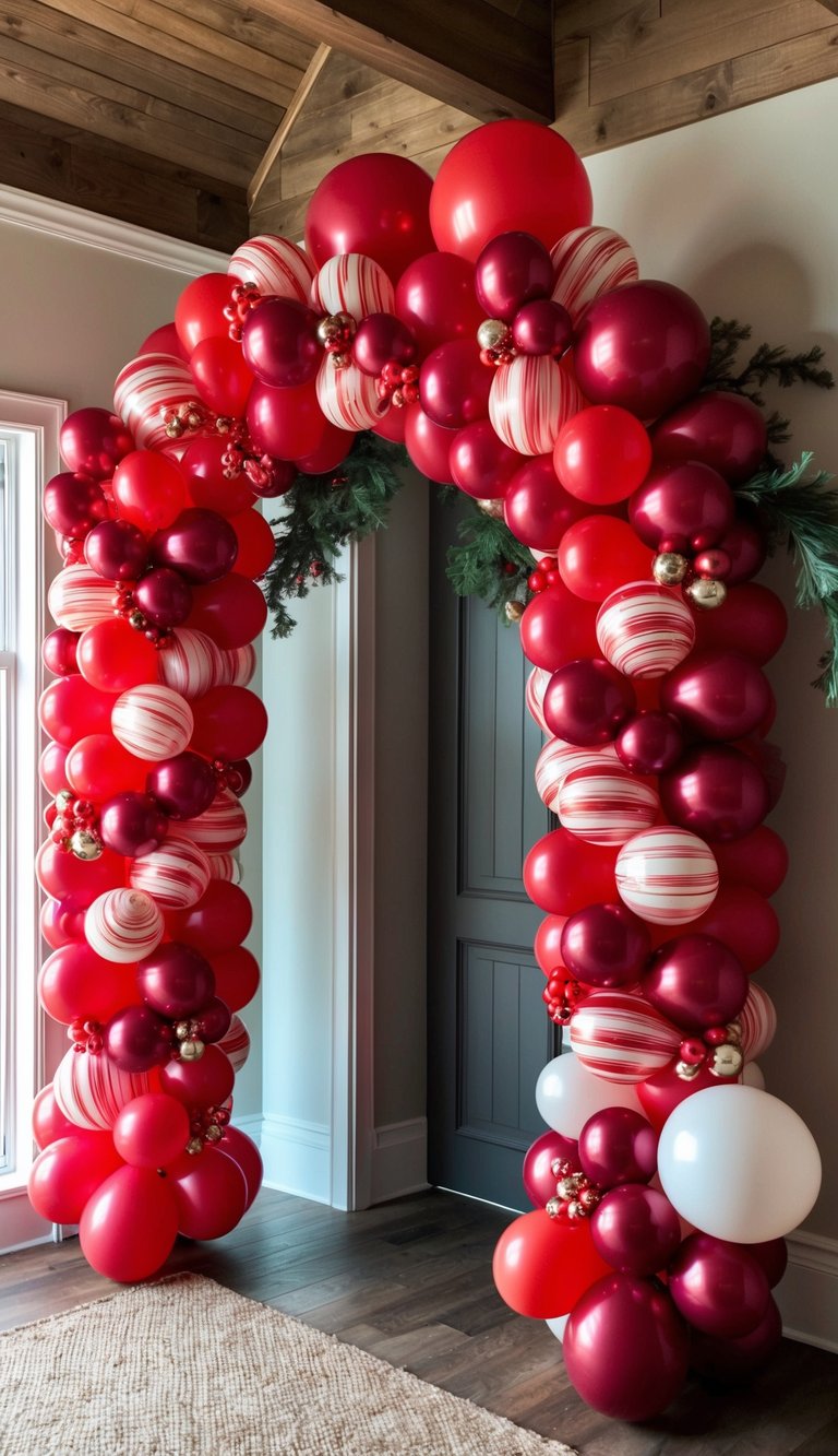 A festive candy cane arch adorned with glossy and matte red balloons