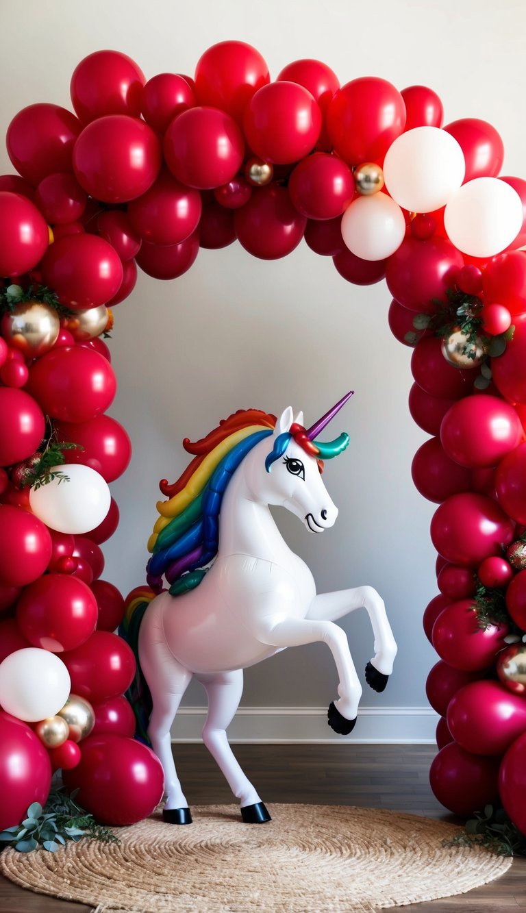 A majestic rainbow unicorn prances through a fantasy arch adorned with 50 bold red balloon designs, creating a whimsical and enchanting scene