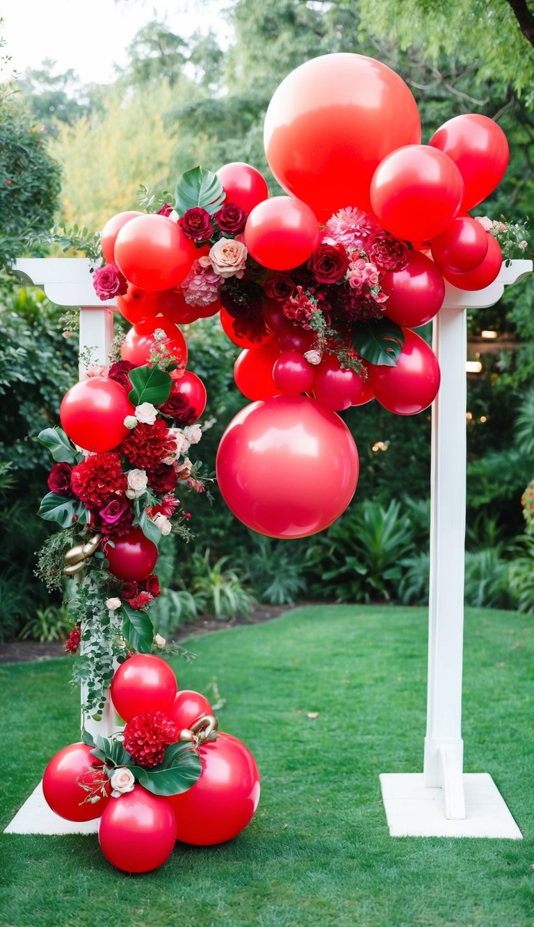 A lush garden with a floral arch adorned with vibrant red balloons in glossy and matte finishes