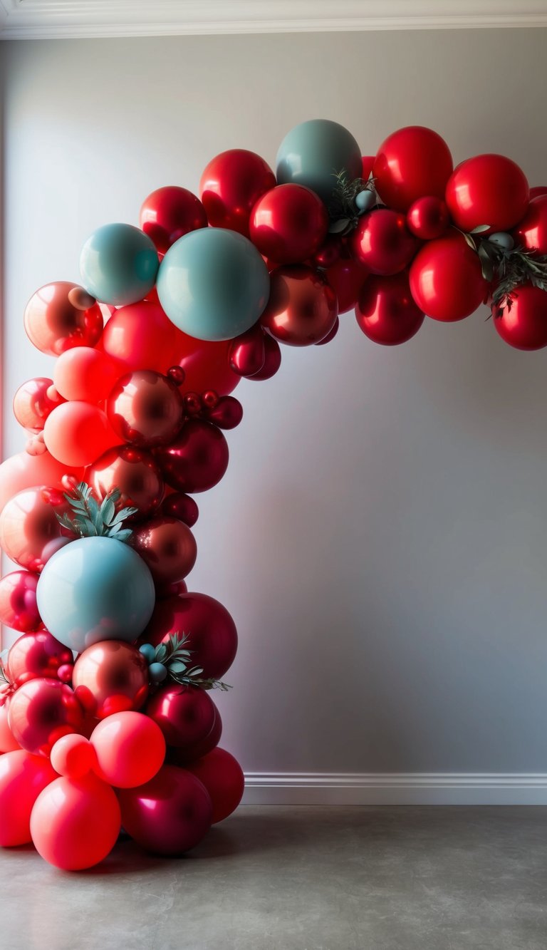 A futuristic space arch with red balloon clusters in different finishes