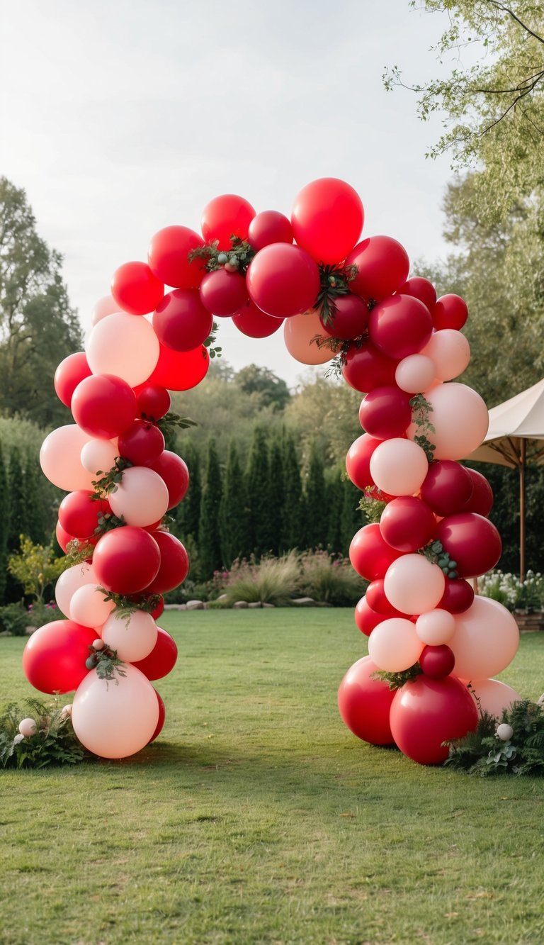 A whimsical red balloon arch floating in a dreamy Wonderland setting