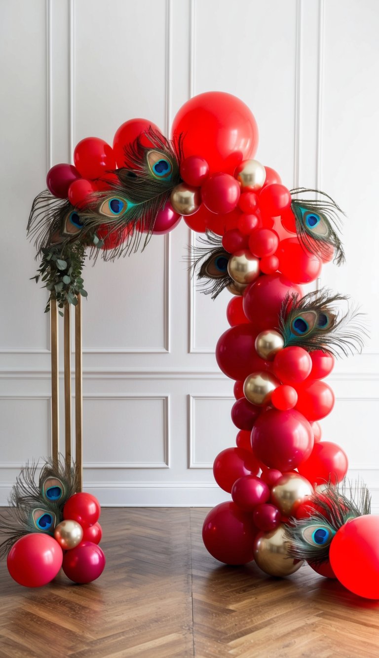A peacock feather elegant arch adorned with bold red balloon arch designs, combining glossy and matte textures