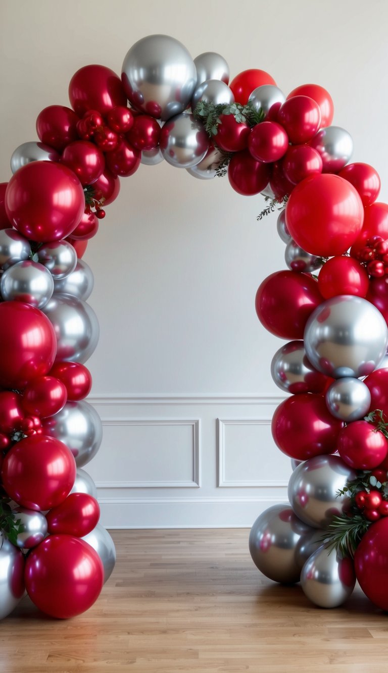 A grand arch of shimmering silver and gold, adorned with bold red balloons in glossy and matte finishes