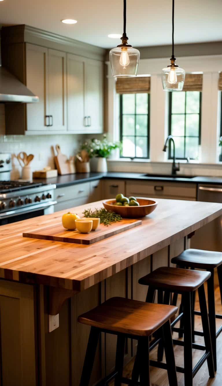 A butcher block island with stools surrounded by a cozy kitchen setting