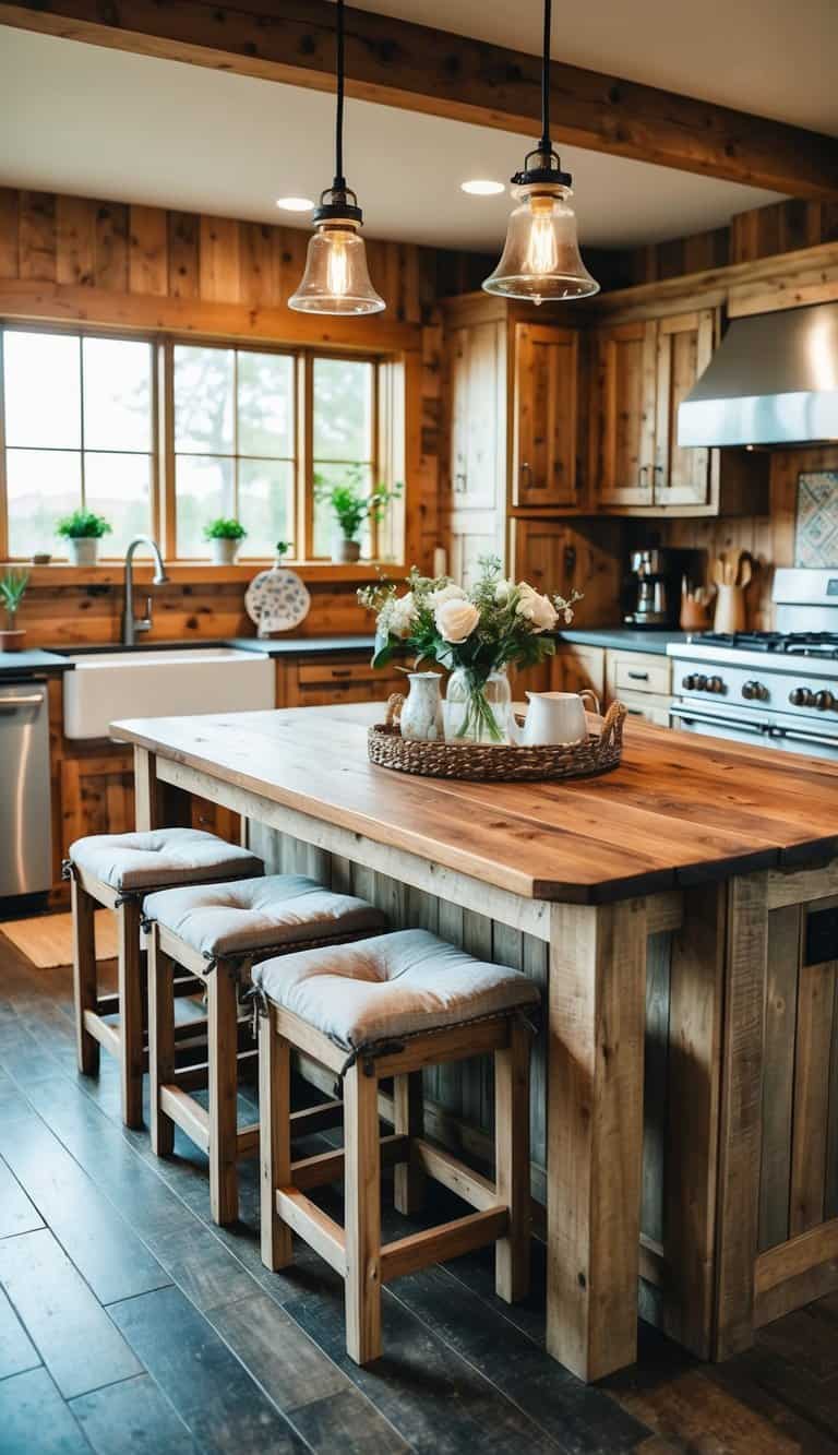 A rustic kitchen island bench made of reclaimed wood, with cozy seating and charming details