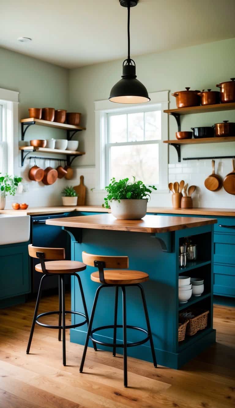 A small kitchen island with cozy seating, surrounded by shelves and hanging pots