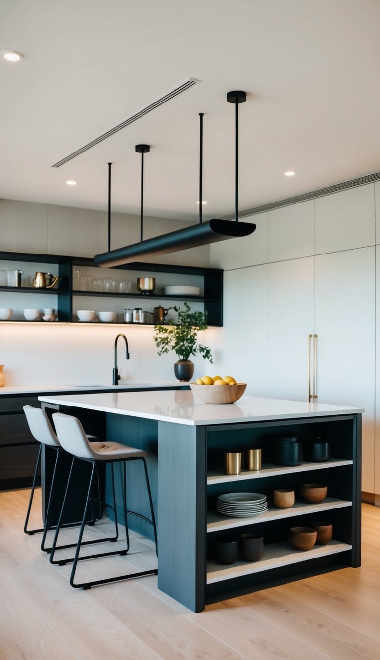 A sleek, minimalist open-shelf kitchen island with cozy seating and modern decor