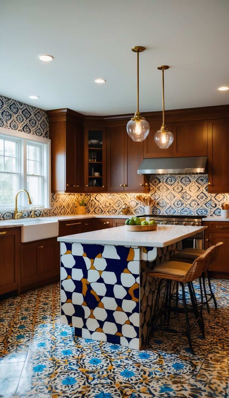 A bold patterned tile kitchen island with cozy seating