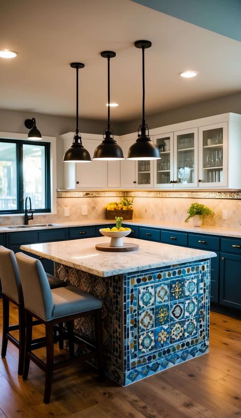 A cozy kitchen island bench with a creative tile mosaic design, surrounded by stylish seating and illuminated by pendant lighting