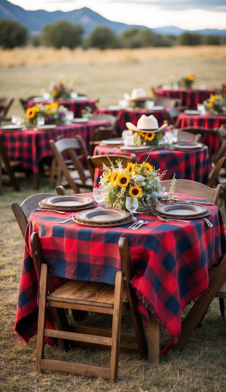 Plaid tablecloths draped over wooden tables, adorned with cowboy hats, horseshoes, and wildflower centerpieces, evoke the rugged charm of the Old West