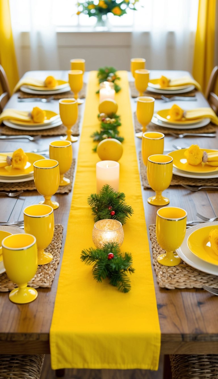A bright yellow table runner runs down the center of a festive dining table, adorned with cheerful yellow tableware and decor