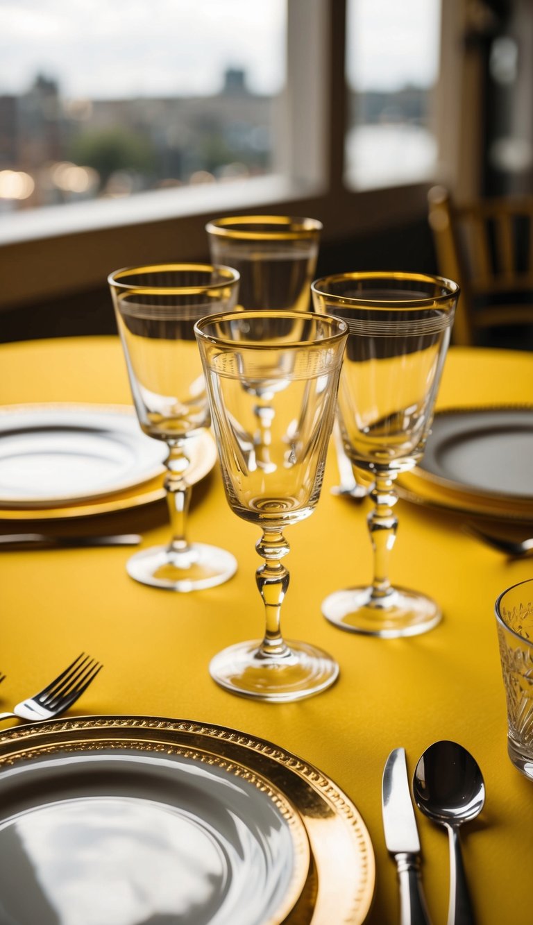 Golden-rimmed glassware arranged on a yellow tablescape