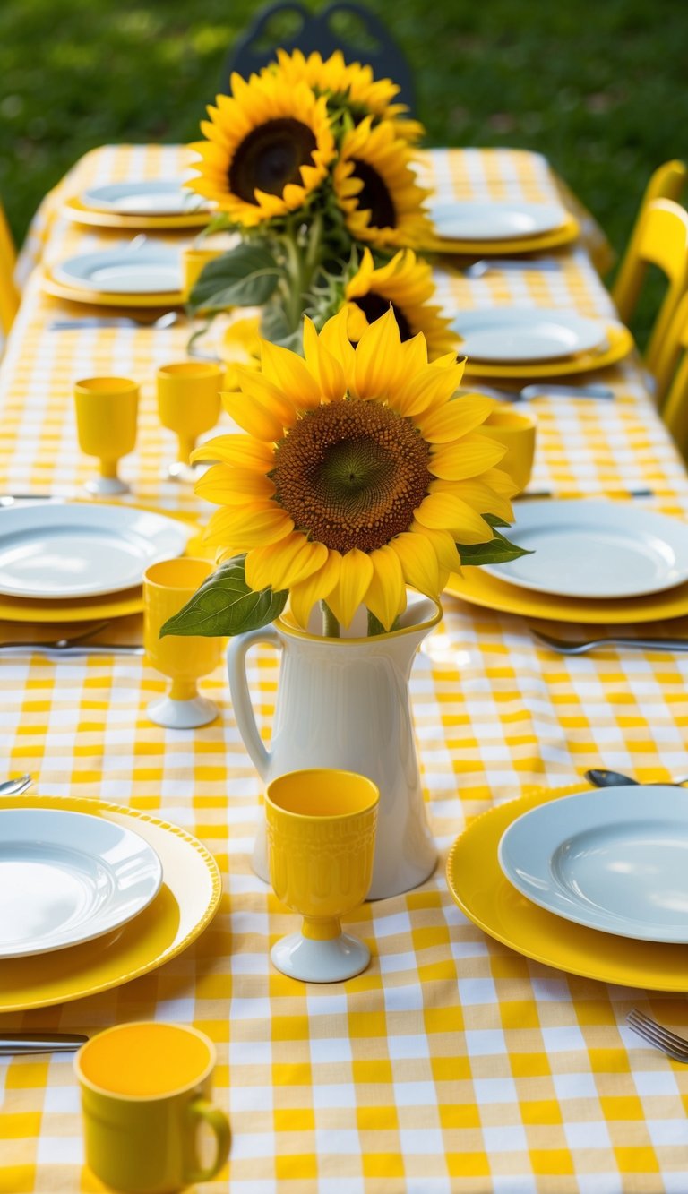A bright yellow gingham tablecloth adorned with matching yellow tableware and fresh sunflowers as a centerpiece