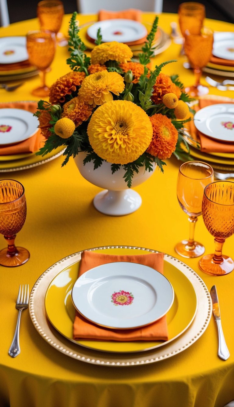 A vibrant yellow tablescape adorned with marigold florals and bright accents